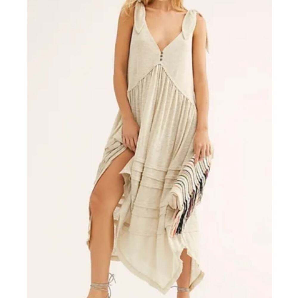 Free People Beach Maxi Dress Womens Size XS Beige V-Neck Tie Strap Boho Summer